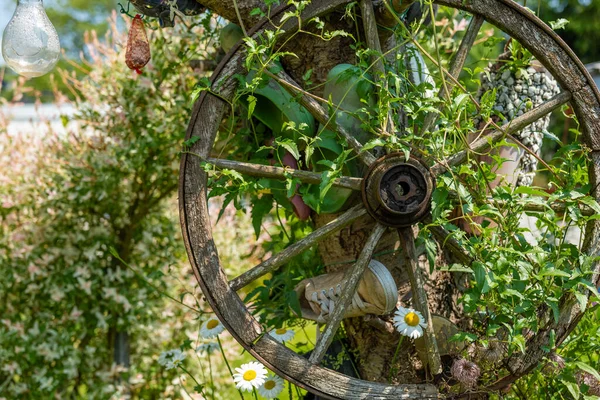 Old Decorative Wooden Wheel Garden Summer — Stock Photo, Image