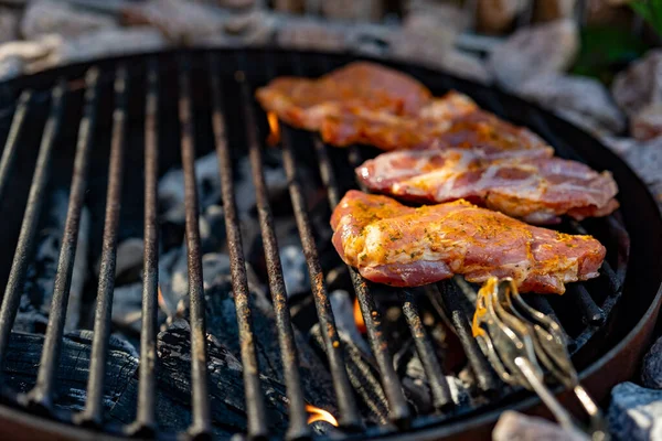 Verse Rauwe Steaks Grill Een Barbecuefeest — Stockfoto