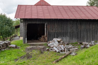 Almanya 'daki Bavyera ormanında eski bir ahır.