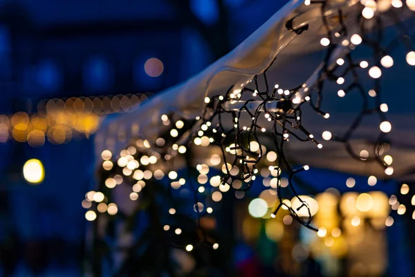 brightly illuminated fairy lights at night in selective focus