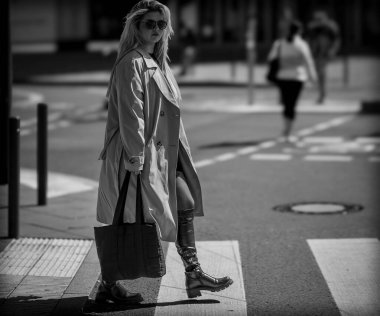 El çantalı güzel bir kadın siyah beyaz bir zebranın karşısına geçiyor.