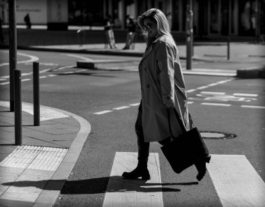 El çantalı güzel bir kadın siyah beyaz bir zebranın karşısına geçiyor.