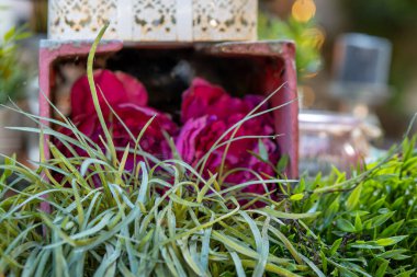 İçinde çiçekler olan küçük bir kutu masanın üzerinde duruyor.