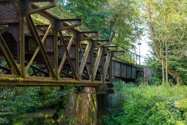 Üzerinde bir sürü yosun büyüyen bir köprü. Köprü eski ve paslı.