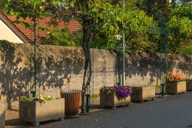 Mor çiçeklerle dolu bir sıra taş saksısı uzun bir taş duvarın önündeki kaldırım taşı caddesi boyunca yerleştirilir. Saksıların hepsi boyut ve şekil olarak aynı..