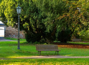 Park bankında arka planda lamba direği olan çimenli bir tarlada oturuyor. Sahne huzurlu ve sakin, güneş parlıyor ve ağaçların yaprakları rüzgarda hışırdıyor.