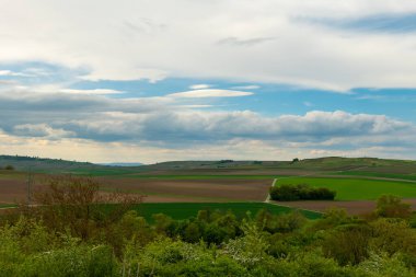Uçsuz bucaksız bir kırsal, yuvarlanan tepelerin ve yemyeşil tarlaların güzelliğini gözler önüne seriyor. Gökyüzü bulutlarla doludur, doğada huzurlu bir gün boyunca sakin bir atmosfer yaratır..
