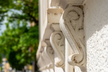 Karmaşık beyaz dekoratif elementler, parlak mavi bir gökyüzünün altındaki yakındaki ağaçların yeşil yapraklarıyla çelişen bir bina süsler. Sanatçılık, canlı bir şehir zemininin ortasındaki sanatsallığı vurguluyor.