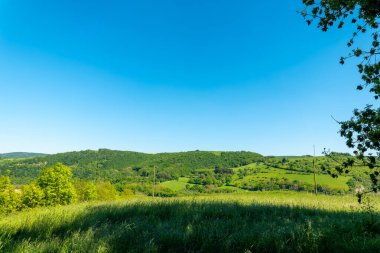 Sakin bir manzara, sakin bir öğleden sonra güneşle aydınlanan ağaçlar ve çimlerle çevrili, uzaklara uzanan yemyeşil tepeleri gözler önüne serer. Rahatlamak ve düşünmek için mükemmel..