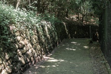 Çakıl dolu huzurlu bir patika, sık ve yemyeşil bir orman boyunca uzanır, güneş ışığı yaprakların arasından süzülür, taş duvarlara yumuşak gölgeler bırakır..