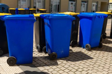 Parlak mavi ve sarı geri dönüşüm kutuları temiz bir gökyüzünün altındaki kaldırım taşı caddesinde düzgün bir sırada duruyor. Çevredeki komşular canlı topluluklarında atık toplama gününe hazırlanırken yakınlarda sohbet ediyorlar..