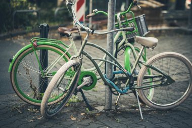 Yumuşak yeşil renklerle süslenmiş klasik bisikletler huzurlu bir şehir parkında direğe yaslanıyor. Güneş ışığı ağaçların arasından süzülür ve tembel bir öğleden sonra sakin bir atmosfer yaratır..