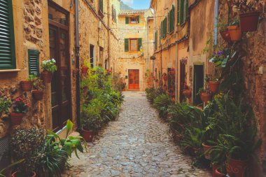 Valldemossa tipik köy cepheler Mallorca Island, İspanya kaplarda bitkiler ile