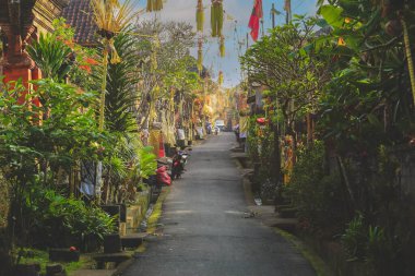 View of typical street with Penjors on Galungan Day in the morning, Bali, Indonesia clipart