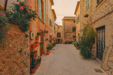 Valldemossa tipik köy cepheler Mallorca Island, İspanya kaplarda bitkiler ile