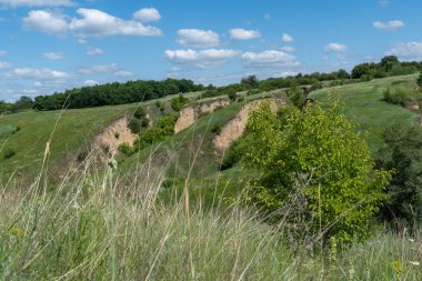 Yeşillikle kaplı vadi manzaralı. Jeolojik kusurları olan manzara vadisi. Yeryüzü dağları ve tümsekler gökyüzüne karşı rahatlıyor. Çıkıntıları ve aralıkları olan tepe kirişi. Ot ve ağaçlar bayır kanyonunda.