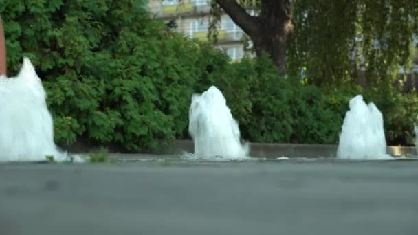 Mujer Joven Descalza Caminando Una Fuente Peatonal Camiseta Blanca Niña — Vídeo de stock