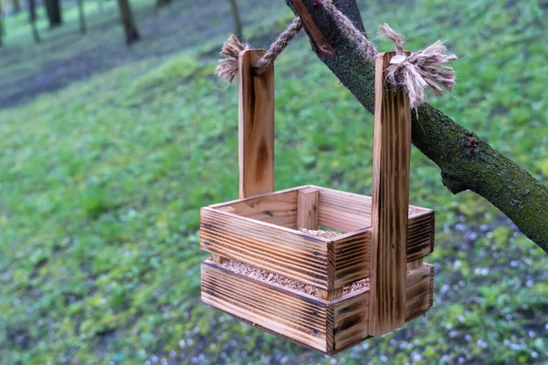 Houten Vogelvoeder Voorjaarstuin Close Vierkante Eco Box Hangt Aan Boomtak — Stockfoto