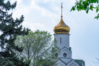 Altın kubbeli kilise azizi Nicholas ve Ortodoks Hıristiyan dini. Modern şehirde ibadet için inşa edilmiş bir yapı. Nehrin ortasındaki yeşil parkın manzarası. Dnipro 'daki Monastyrsky Adası.