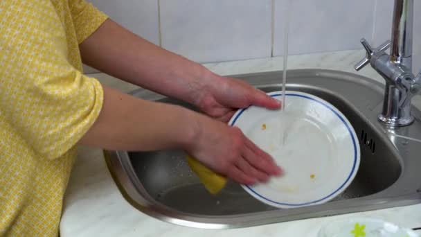 스폰지 세척기를 세면대를 주부는 수돗물 접시를 집안의 허드렛일을 청소하는 집에서 — 비디오