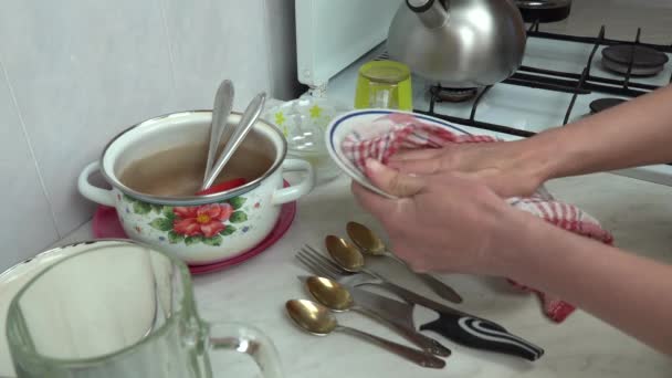 Kadın Elleri Kuru Havluyla Yüzey Masasında Bulaşık Silerken Hanımı Bulaşık — Stok video
