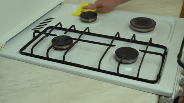 Καθαρισμός Και Τακτοποίηση Της Οικιακής Κουζίνας Αερίου Γυναικεία Χέρια Σκουπίζει — Αρχείο Βίντεο