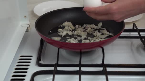 Egy Rántottát Főz Fehér Hagymával Csirketojás Törése Megsütése Serpenyőben Háztartási — Stock videók