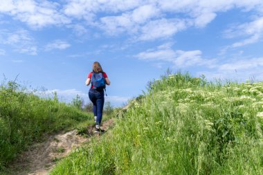 Sırt çantalı turist kadın yaprak döken ormanda yürüyor. Yeşil Vadi 'de aktif bir yetişkin yürüyüşü. Gezgin şehvetin ve bahar çimenli tepenin tadını çıkar. Kadın yürüyüşçü vahşi hayatı keşfediyor..