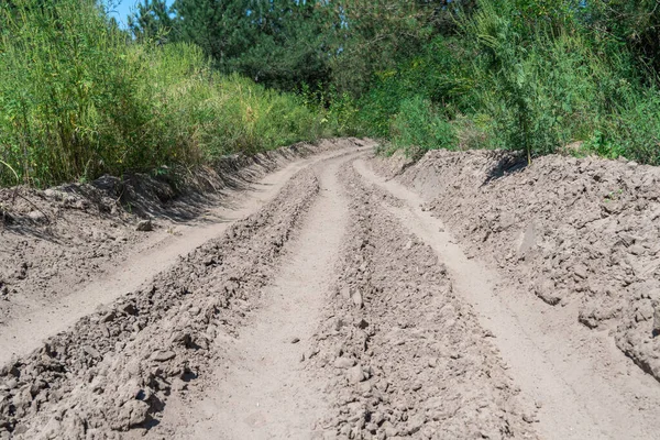 Ormandaki kum yolu. Garaj yolundaki dört tekerlekli bisikletin lastik izi. Doğa arazisindeki dörtlü bisikletin izi. Kum dokusu bozuk. Ormanda yol kapalı. Güneşli bir günde kum tepeleri ve yeşil orman.