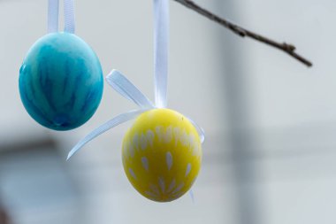 Açık havada paskalya için renkli el yapımı yumurtalar. Şehir caddesinde asılmış Eastereggs ile ağaçları süslemek. Hristiyanlık dininde geleneksel bayram. Yeni hayata yeniden doğuşun sembolü..