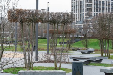 Yüksek katlı bankların çevrili olduğu güzel, modern bir şehir parkı. Şehir merkezindeki halka açık park. Kozalaklı kozalaklı kaldırım. Şehir manzarasında dinlenmek için bir yer. Şehir mimarisi.