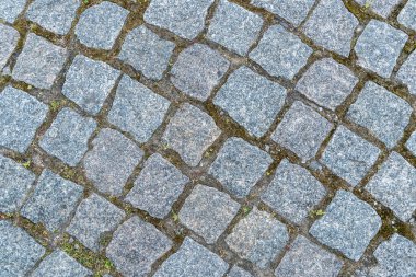 Natural stone background and texture in gray color close up. Pavement paved with square and uneven stones. Paving street with pattern. Between crushed cobblestones there are earth sand and grass.