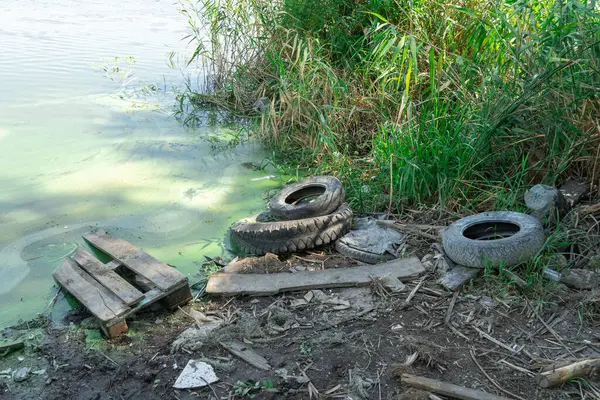 stock image Plastic trash and old tires in the lake. Garbage dump in forest scattered in river. People illegally throw rubbish. World ecology problem of environmental protection. Garbage heap in nature.