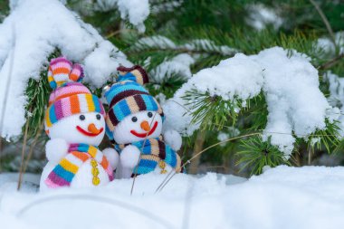 Kardan adam ve kardan kadın noel kıyafetleri kış ormanlarında çam dalının altında beyaz karla dururlar. Takı örülmüş. Noel ve yeni yıl dekorasyonu. Kış mevsiminin sembol xmas.