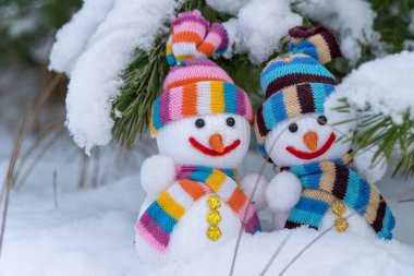 Kardan adam ve kardan kadın noel kıyafetleri kış ormanlarında çam dalının altında beyaz karla dururlar. Takı örülmüş. Noel ve yeni yıl dekorasyonu. Kış mevsiminin sembol xmas.