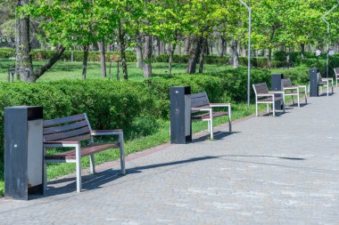 Kahverengi ahşap bankları olan şehir parkı. Kamu parkında simetri koltuğu olan bir dinlenme alanı. Yer kaldırımda oturuyor. Oturma alanı, rahatlama için rahat bir noktada ahşap banklar ve çöp kutusuna sahiptir..
