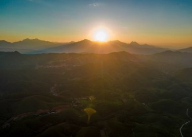 Phu Tho, Vietnam 'daki tepelerdeki çay tarlalarının hava görüntüsü.