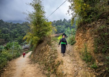 HA devi, VİETNAM - 17 Şubat 2024: Yeni yılda kırsal yolda yürüyen etnik kadın