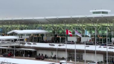 Vancouver, Canada - December 20, 2022: Vancouver International Airport entrance after severe arctic outflow and snowstorm in the area