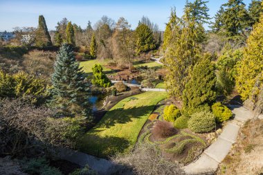 Fotoğraf, Vancouver 'daki Kraliçe Elizabeth Park' taki güzel Quarry Gardens 'ın nefes kesici manzarasını sergiliyor..