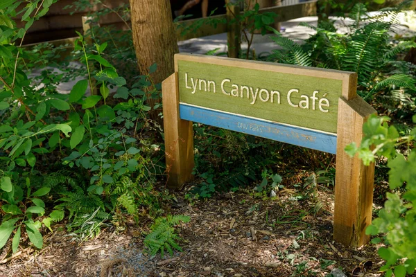 stock image North Vancouver, Canada - June 4, 2023: View of sign Lynn Canyon Cafe inside the Lynn Canyon Park