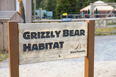 Vancouver, Kanada - 5 Ağustos 2023: Vancouver 'daki Grouse Dağı' nın tepesindeki Grizzly Bear Habitat tabelasının görüntüsü