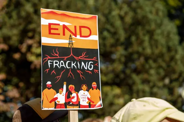 stock image Vancouver, Canada - September 15,2023; View of sign END FRACKING  as part of Global Climate Strike in front of Vancouver City Hall