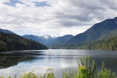 Capilano Reservoir 'un sakin manzarası. Arka planda görkemli Aslanlar Tepeleri var.