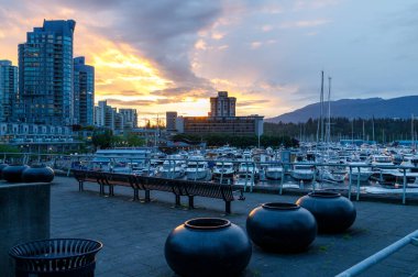 Vancouver, Kanada -12 Ekim 2022: Vancouver 'daki Coal Harbour Community Centre' dan gün batımı manzarası, yat limanı ve Westin Hotel 'e bakan yat limanı