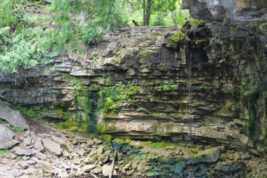 Hilton Şelalesi yosun kaplı yüzeyleri ve küçük çağlayan şelaleleri olan katmanlı kireç taşı oluşumunu gösteren uçurum yüzeyi.