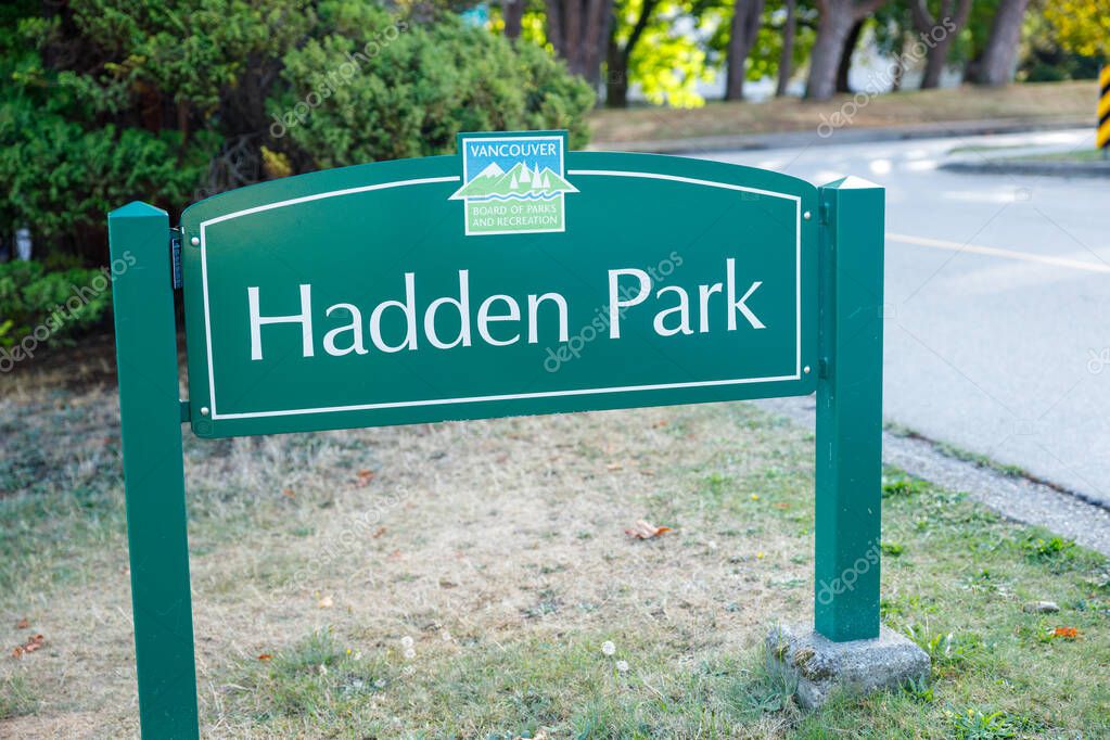 Vancouver, Canada - Sep 15,2025: A green entrance sign for Hadden Park in Vancouver