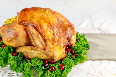 Şükran Günü için yabanmersini ve otlarla süslenmiş hindi..