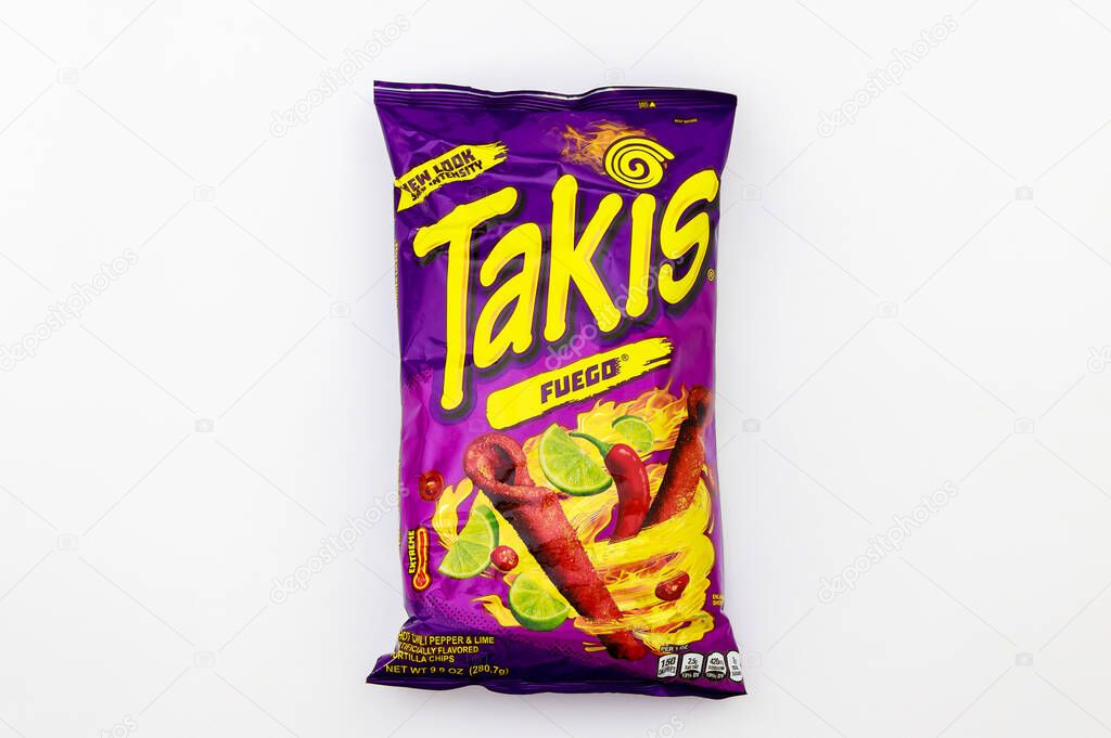 February 3, 2023. Spartanburg, SC USA. Takis Fuego hot chili pepper and lime rolled tortilla chips