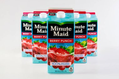 July 6, 2023. Spartanburg, SC USA. Six Minute Maid berry punch cartons. Arrangement highlights fresh fruit flavor and natural ingredients. clipart